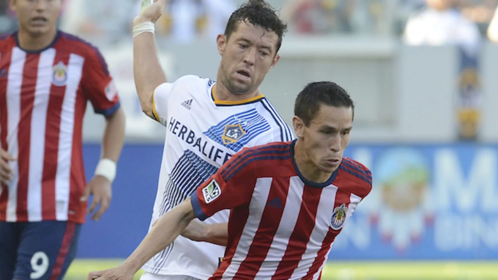 Chivas USA and LA Galaxy players contesting a match in the final SuperClasico era