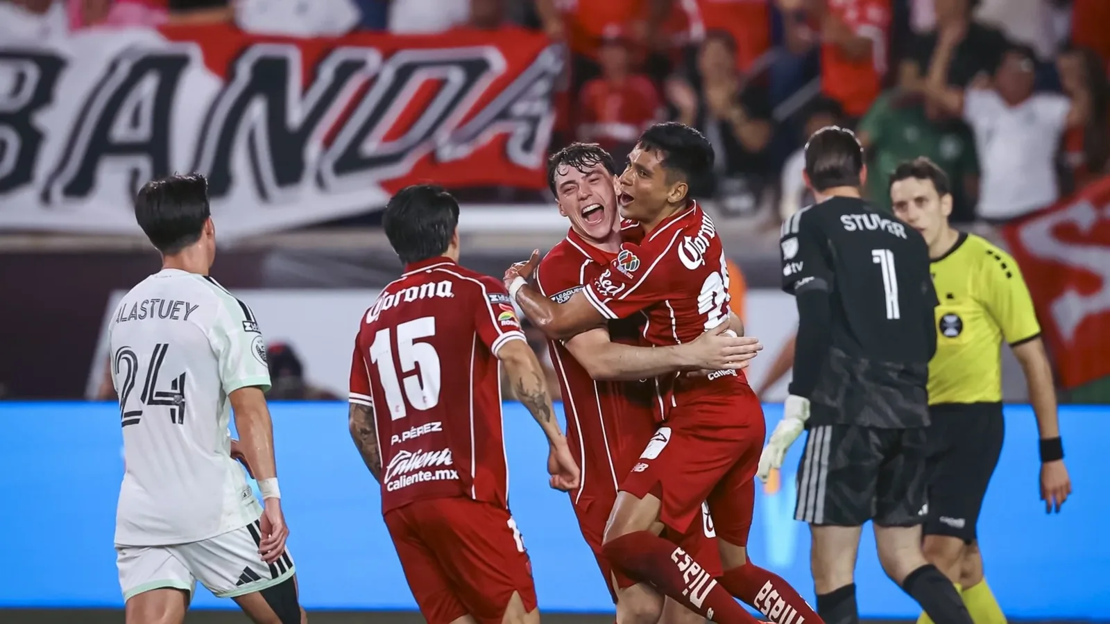 Toluca players celebrate during their Leagues Cup quarterfinal victory over Austin FC