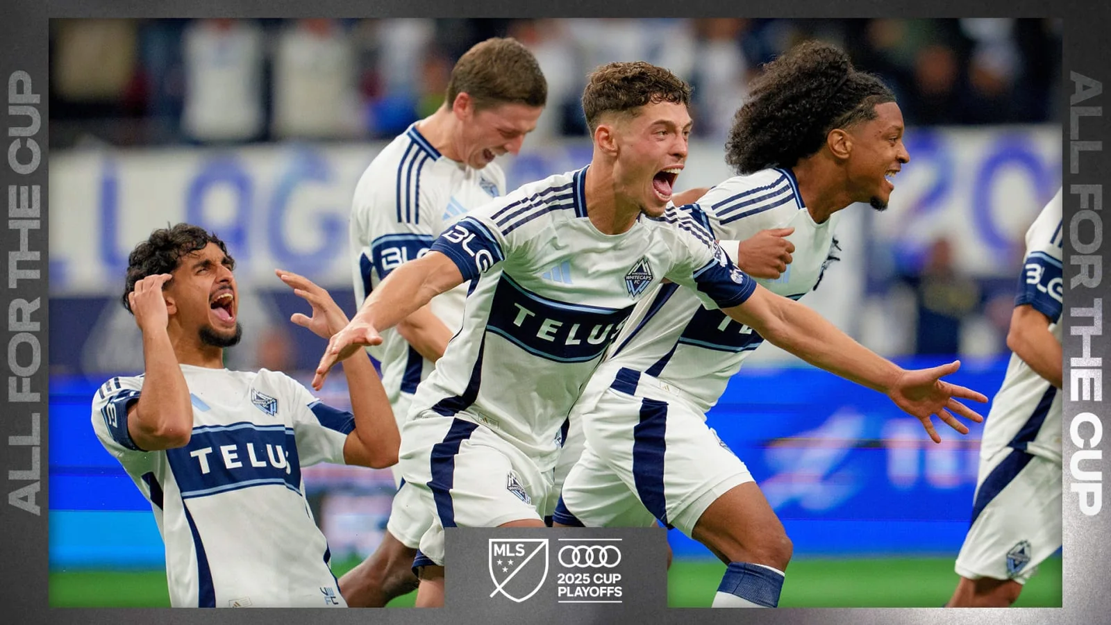 Vancouver Whitecaps players celebrating during the 2025 MLS Cup Playoffs in an official MLS editorial photo