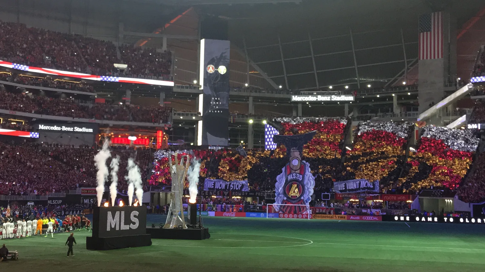 Atlanta United supporters displaying a stadium-wide tifo at an MLS match