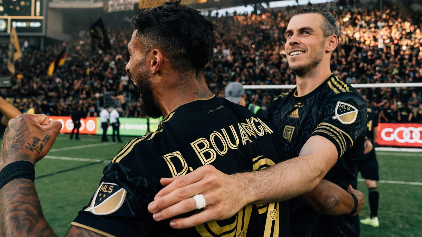 LAFC players Denis Bouanga and Gareth Bale celebrate during the club's 2022 championship season