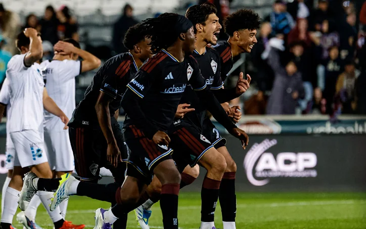 Colorado Rapids players celebrate their 2026 Open Cup shootout win against Colorado Springs Switchbacks