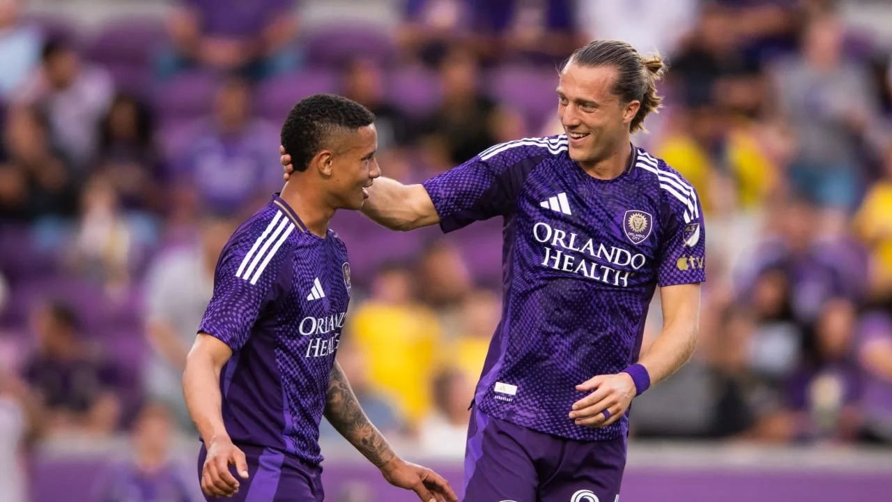 Orlando City players celebrate during their Open Cup quarterfinal win over Atlanta United