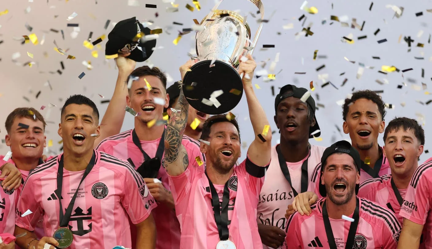 Inter Miami players celebrate with the MLS Cup trophy after the 2025 final