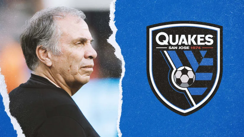 Bruce Arena beside the San Jose Earthquakes crest